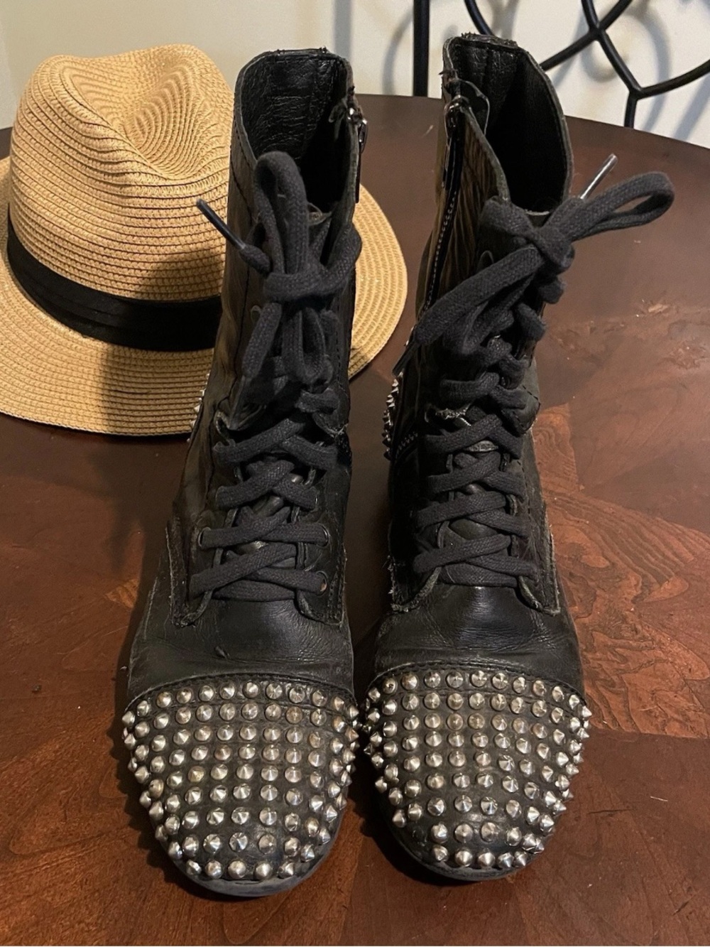 Steve Madden Boots Womens 7 Tarnney Spiked Stud Biker Leather Zip Up Punk Black